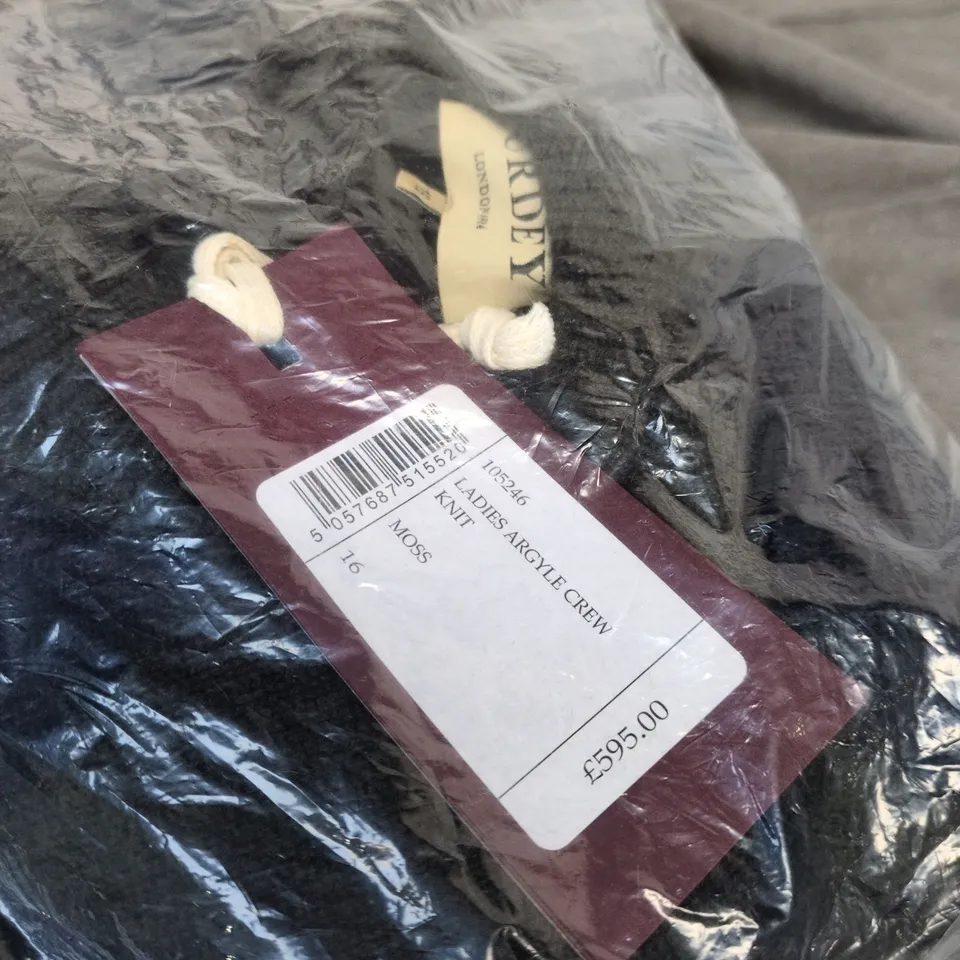 PURDEY LADIES ARGYLE CREW KNIT JUMPER MOSS, SIZE 16 BAGGED