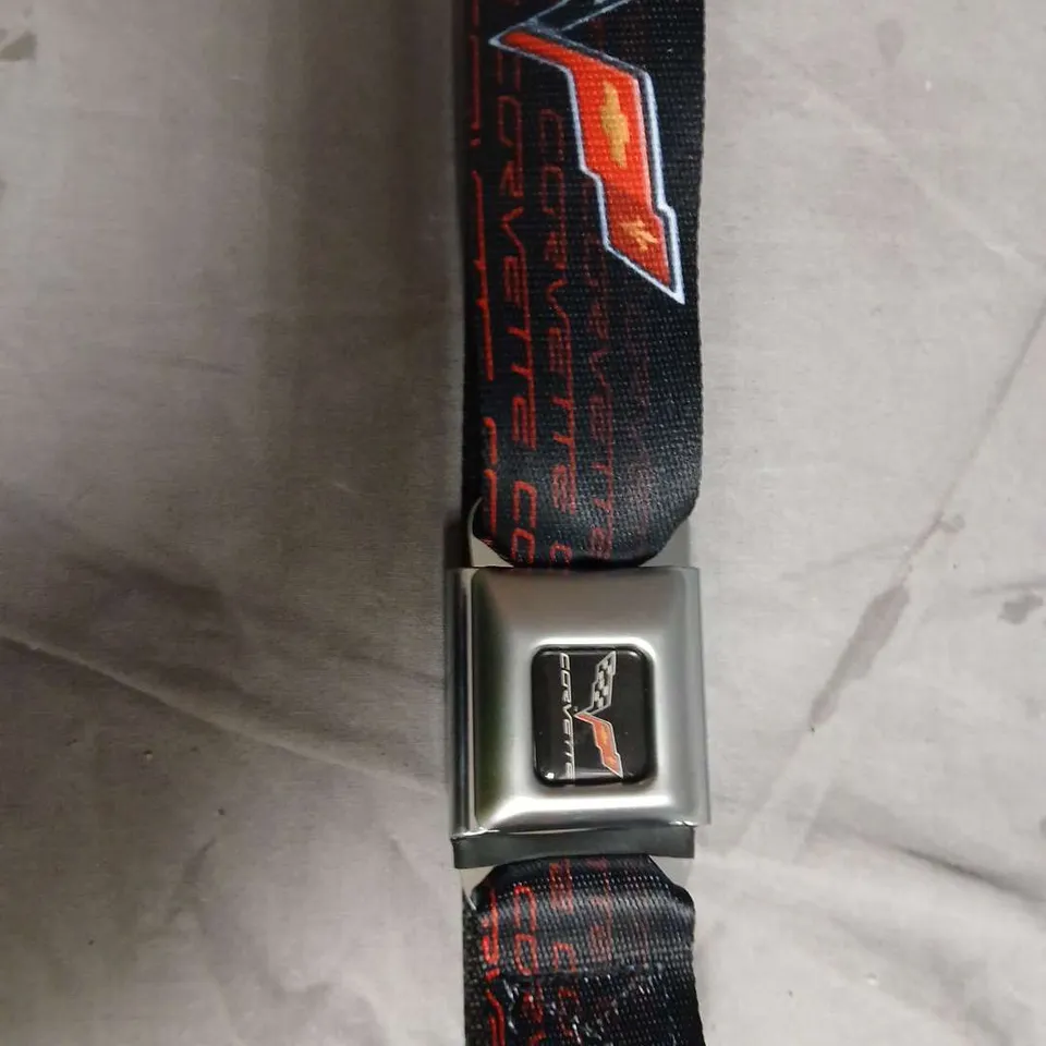 CORVETTE BUCKLE-DOWN AUTHENTIC SEATBELT BELT – BLACK WOVEN STRAP WITH RED PRINT