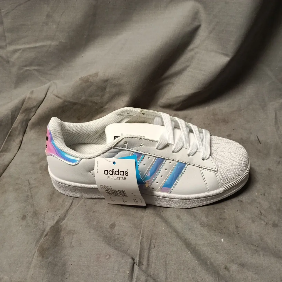 ADIDAS SUPERSTAR KIDS' SNEAKERS - WHITE WITH IRIDESCENT STRIPES SIZE 5