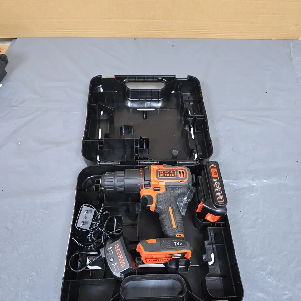 BLACK & DECKER 18V CORDLESS HAMMER DRILL WITH 1.5AH LI-ION BATTERY – IN CASE