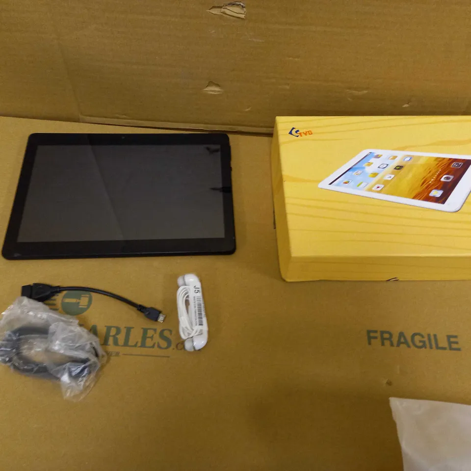TYD BLACK TABLET WITH CHARGER AND WIRED EARBUDS 