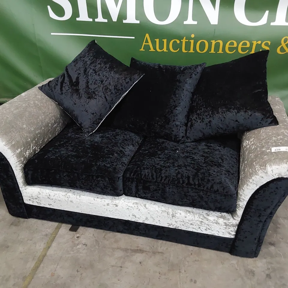 DESIGNER TWO SEATER SOFA TWO TONE BLACK/SILVER CRUSHED VELVET