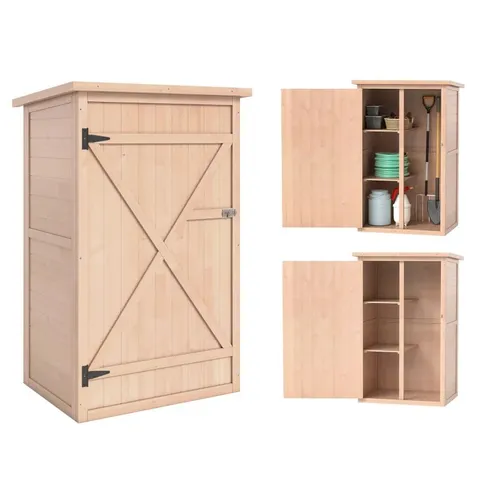 BOXED OUTSUNNY WOODEN SMALL SHED, GARDEN STORAGE SHED WITH SHELVES AND BOLT LATCH, 75L X 56W X115H CM, NATURAL (1 BOX)
