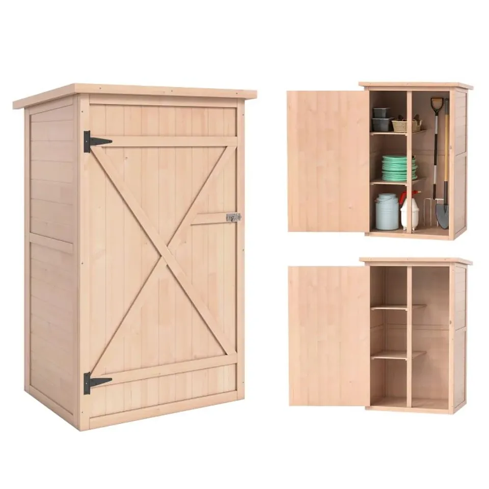 BOXED OUTSUNNY WOODEN SMALL SHED, GARDEN STORAGE SHED WITH SHELVES AND BOLT LATCH, 75L X 56W X115H CM, NATURAL (1 BOX)