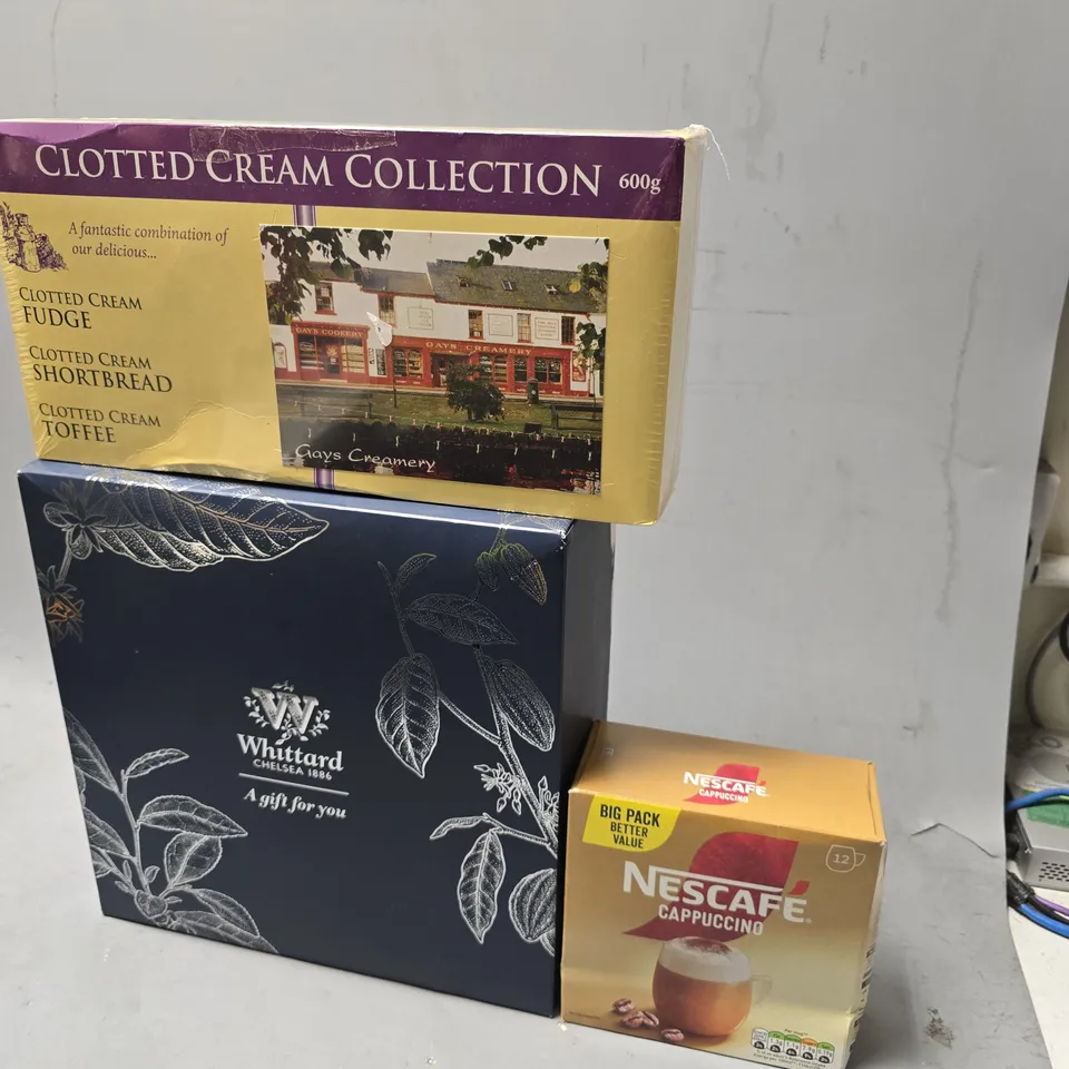 BOX OF APPROXIMATELY 6 ASSORTED FOOD ITEMS TO INCLUDE - CLOTTED CREAM COLLECTION , NESCAFE CAPPUCCINO ETC