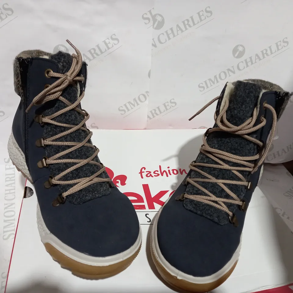 BOXED PAIR OF RIEKER NAVY ANKLE BOOTS  - SIZE 6