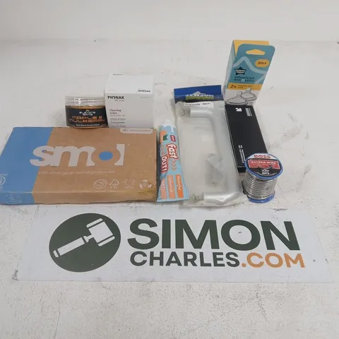 APPROXIMATELY 15 ASSORTED HOUSEHOLD PRODUCTS TO INCLUDE SMOL LAUNDRY CAPSULES, SOLDER WIRE, PHONAK CLEANING WIPES 