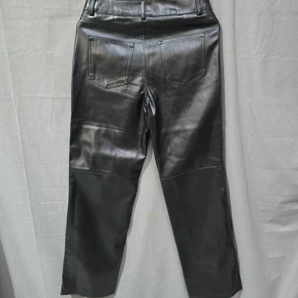 STRADIVARIUS BLACK LEATHER-LOOK TROUSERS, UK 6 (EU 34)