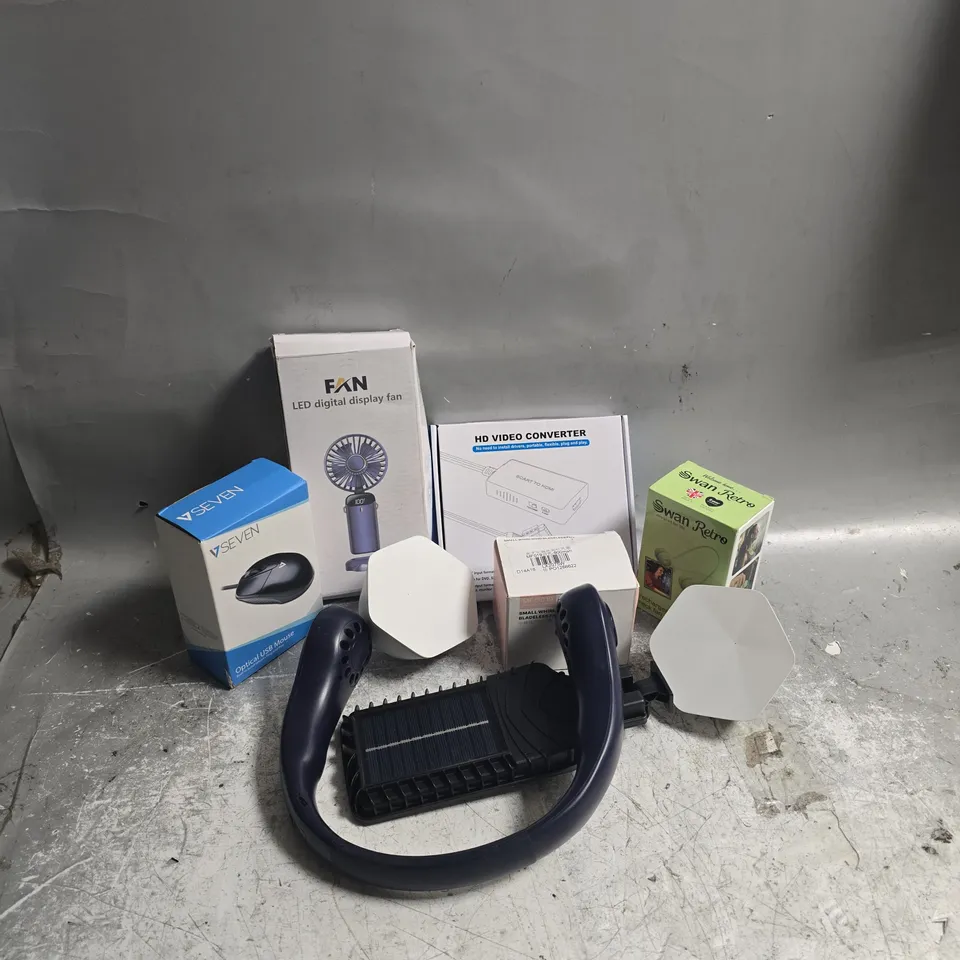 APPROXIMATELY 12 ASSORTED ELECTRICAL PRODUCTS & ACCESSORIES TO INCLUDE SKY WIFI EXTENDERS, SWAN RETRO NECK FAN, SEVEN OPTICAL USB MOUSE, ETC