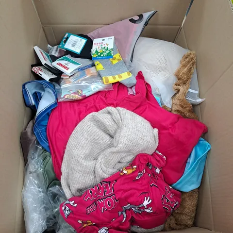 BOX OF APPROX. 50 ASSORTED CLOTHING VARYING IN SIZE/COLOUR/STYLE TO INCLUDE: TOPS, TROUSERS, JUMPERS