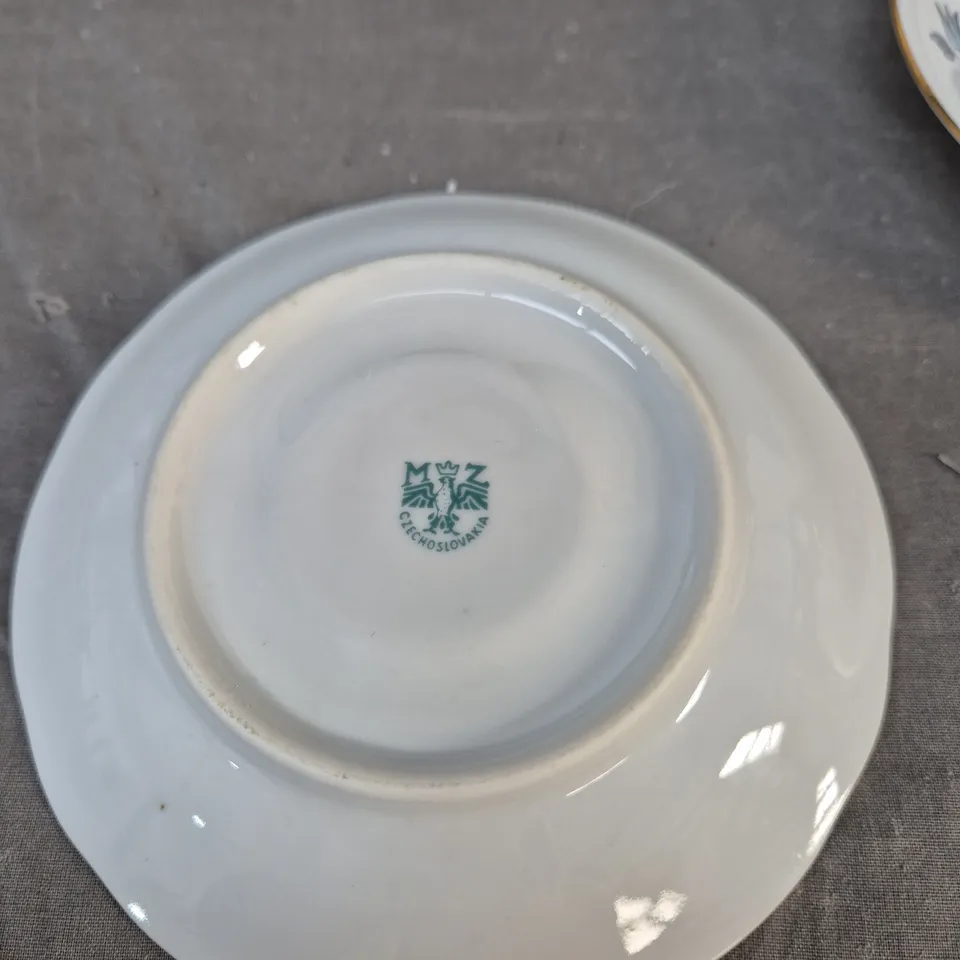 SET OF 8 CZECH PORCELAIN SAUCERS WITH BLUE FLORAL PATTERN AND GILT RIM (MZ MARK, CZECHOSLOVAKIA)