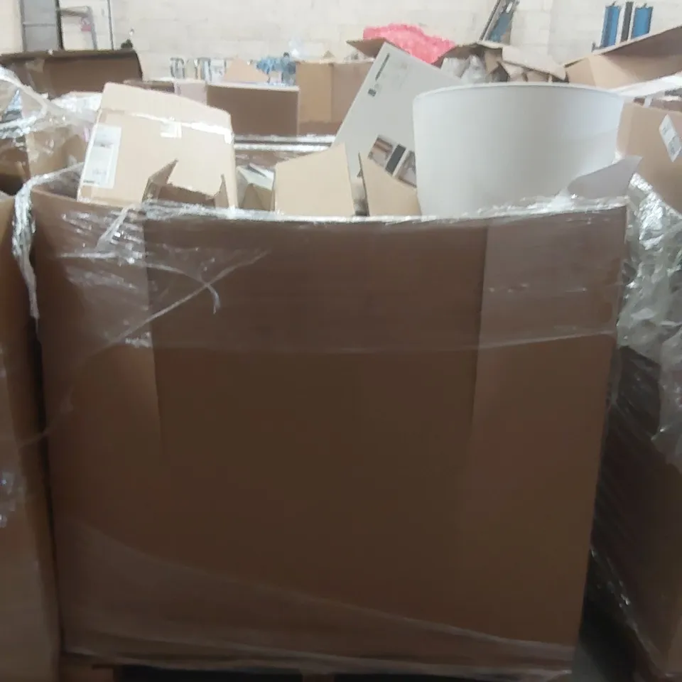 PALLET TO CONTAIN A VERY LARGE QUANTITY OF DESIGNER INDOOR LIGHTING PRODUCTS TO INCLUDE: FLOOR LAMP, CEILING LIGHT, WALL LANTERN, TABLE LAMP ECT