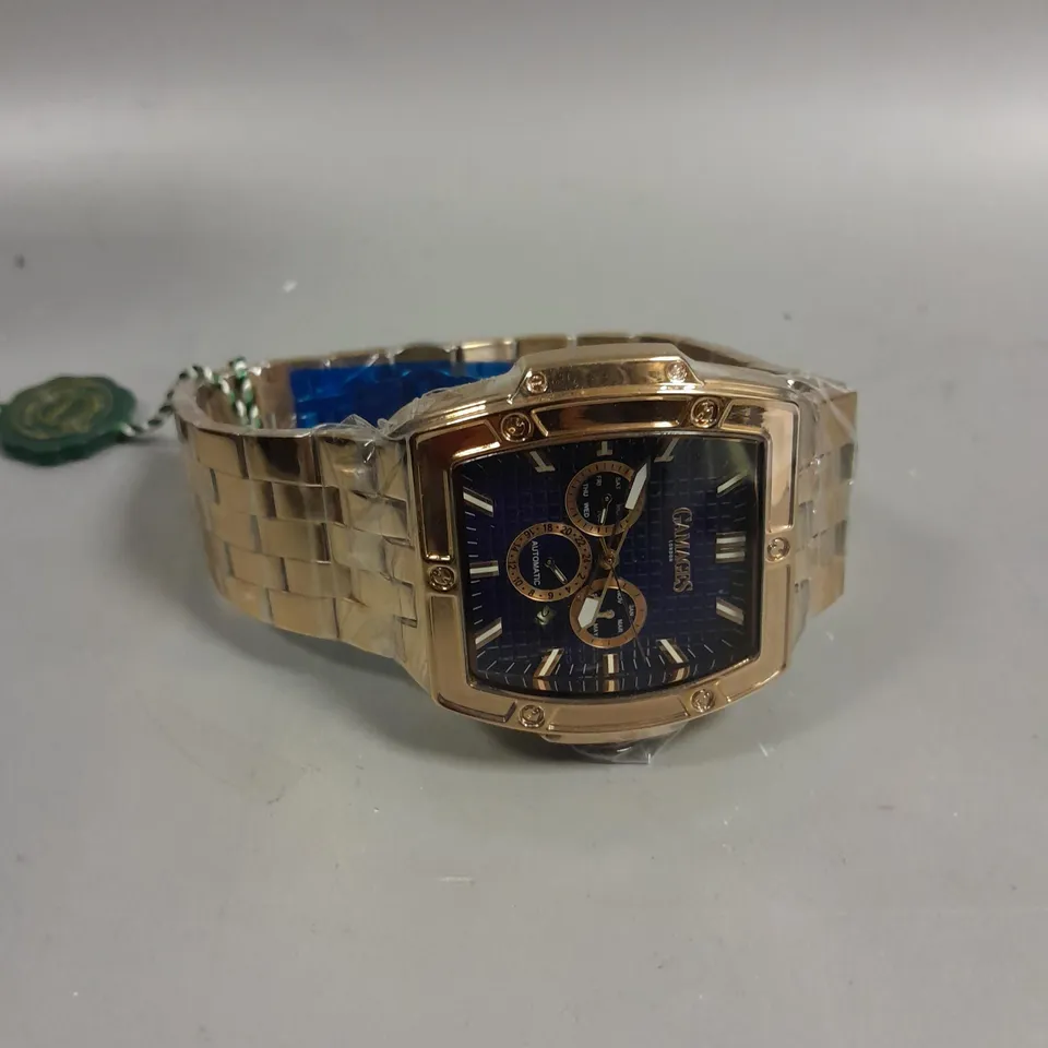 BOXED GAMAGES MAGNITUDE ROSE GOLD COLOUR BLUE DIAL WATCH 