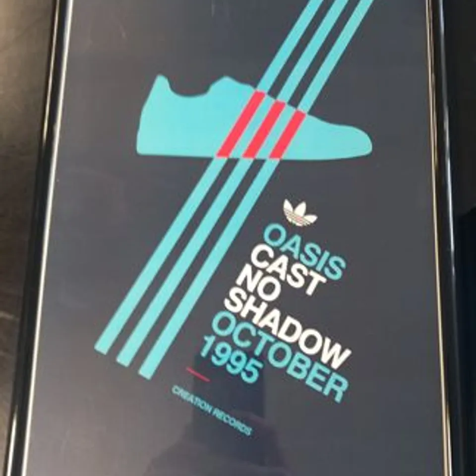 FIVE FRAMED ADIDAS CASUALS/MANCHESTER MUSIC SCENE INSPIRED PRINTS TO INCLUDE BLUE MONDAY/MANCHESTERS, LIVE FOREVER/HAMBURGS AND WONDERWALL/STOCKHOLMS
