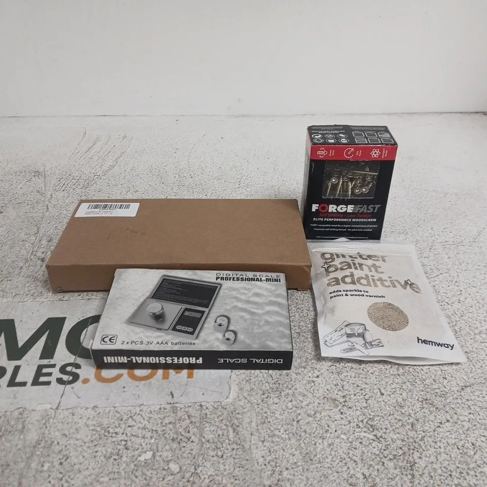 TOTE OF APPROXIMATELY 30 ASSORTED ITEMS TO INCLUDE FORGE FAST SCREWS, DIGITAL MINI SCALE, STAPLER BOXED ETC