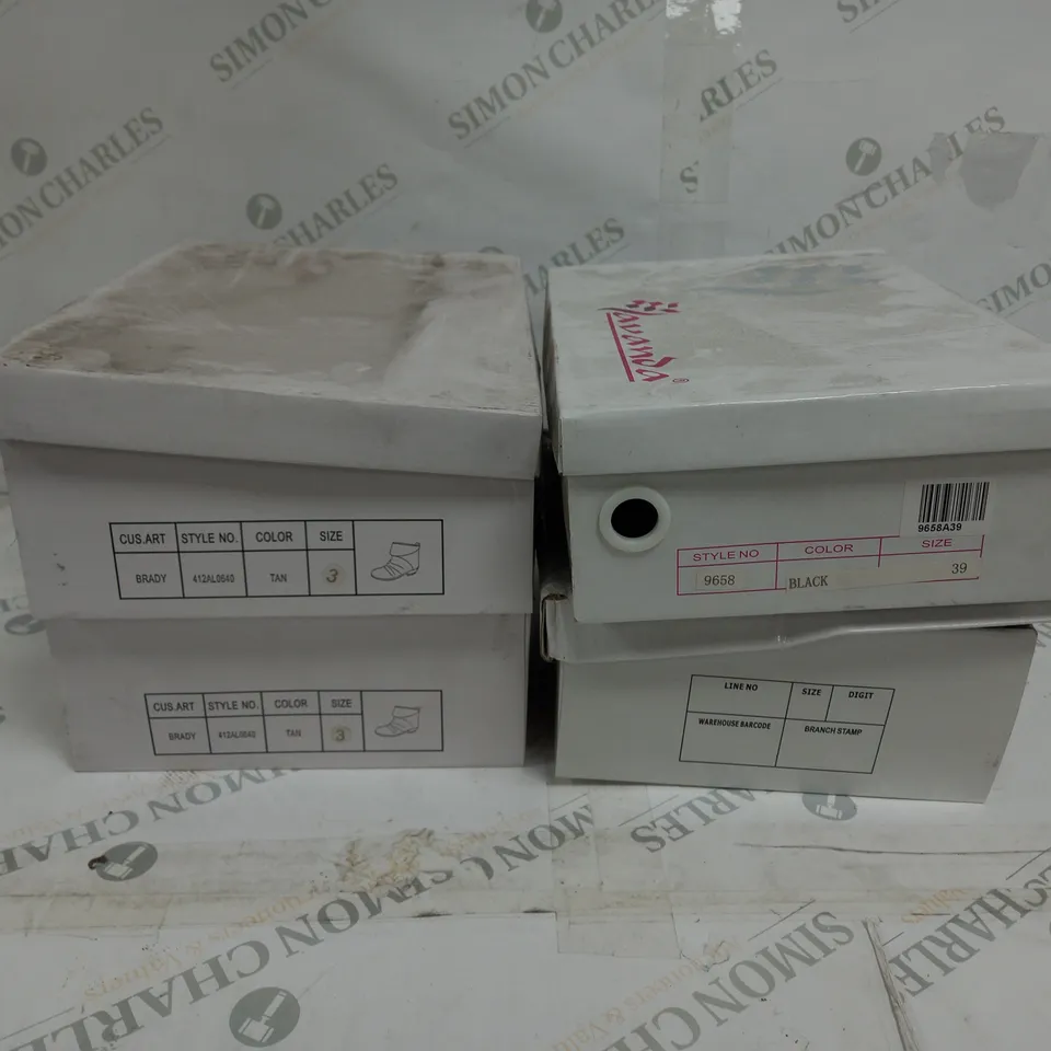 4 BOXED PAIR OF SHOES TO INCLUDE LAVANDA HEELED SANDALS SIZE 8 , BRADY BOOTS SIZE 3 