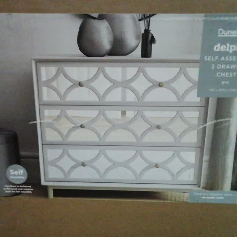 BOXED DELPHI SELF ASSEMBLY 3 DRAWER CHEST IN GREY - H82 X W90 X D40 CM