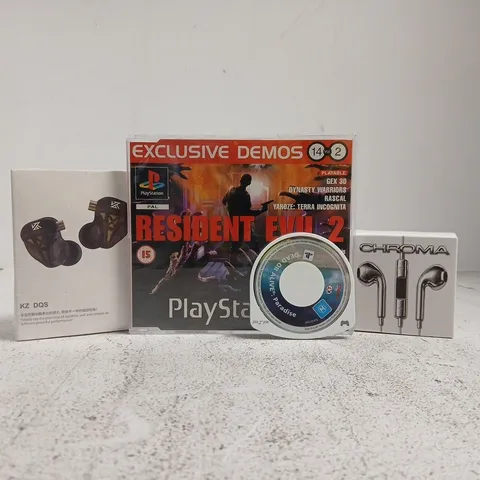 APPROXIMATELY 10 ASSORTED HOUSEHOLD ITEMS TO INCLUDE PLAYSTATION DEMO DISC, CHROMA EARPHONES, ETC