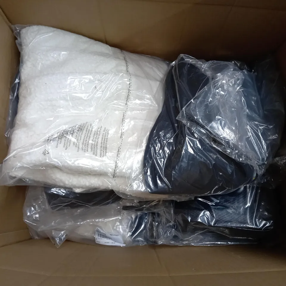 BOX OF ASSORTED CLOTHING ITEMS TOO INCLUDE COATS , TOPS, AND TROUSERS   ETC. 