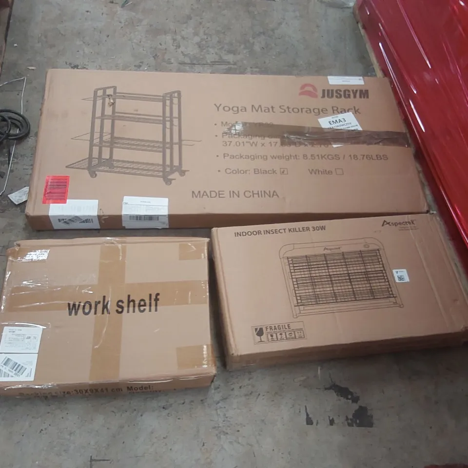PALLET CONTAINING A LARGE QUANTITY OF ASSORTED ITEMS INCLUDING: COFFEE MAKER WITH GRINDER, YOGA MAT STORAGE RACK, 30W INSECT KILLER, WORK SHELF ECT