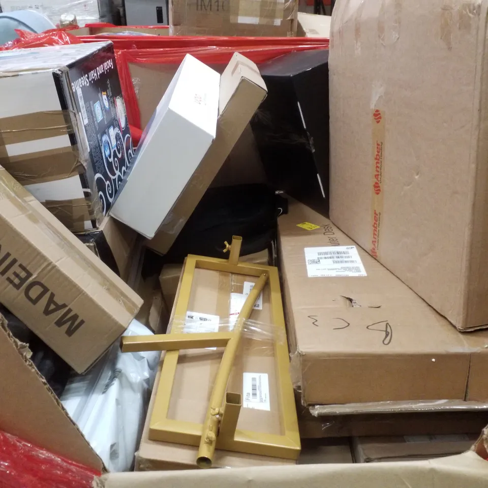 PALLET CONTAINING ASSORTED PRODUCTS INCLUDING BACK MASSAGER, ANTI BLUE LIGHT SCREEN PROTECTOR, 19" LED MONITOR, RETRACTABLE SAFETY GATE & AIR FRYER