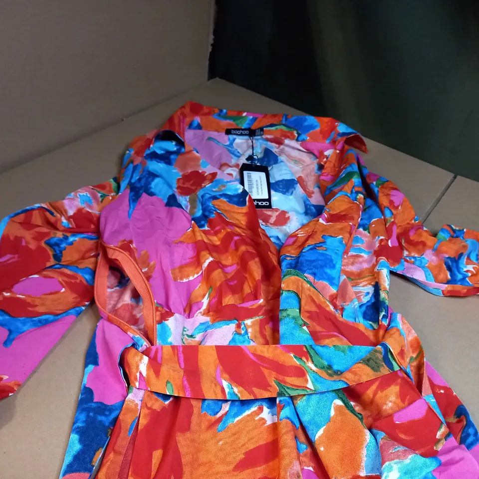 BOOHOO ORANGE FLORAL WRAP SHIRT DETAIL DRESS - SIZE 8