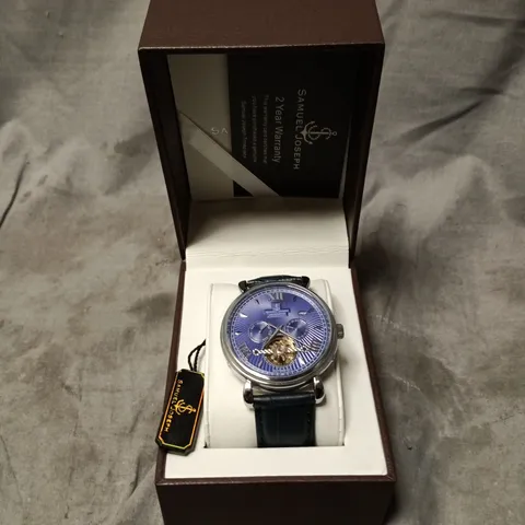 BOXED SAMUEL JOSEPH AUTOMATIC LIMITED EDITION SILVER WATCH WITH BLUE FACE