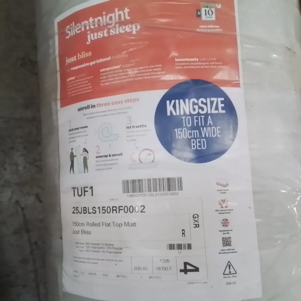 QUALITY BAGGED AND ROLLED SILENTNIGHT JUST SLEEP KINGSIZE MATTRESS 