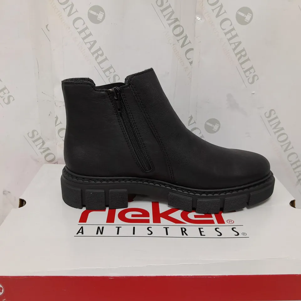 BOXED PAIR OF RIEKER CHUNKY ANKLE BOOTS IN BLACK - SIZE 6