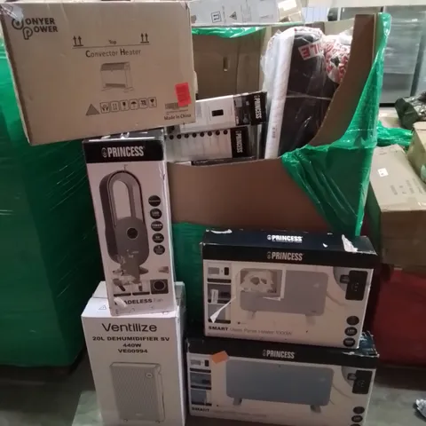 PALLET CONTAINING VARIOUS BOXED HOUSEHOLD ITEMS TO INCLUDE: PANEL HEATERS, TOWER FAN, DEHUMIDIFIER,  CONVECTOR HEATER AND LOTS MORE UNMARKED BOXED ITEMS.