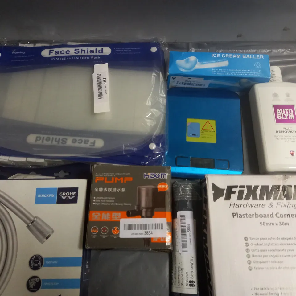 LOT OF ASSORTED HOUSEHOLD ITEMS TO INCLUDE PLASTERBOARD CORNER TAPE, FACE SHIELDS OR STARRY SKY PROJECTOR