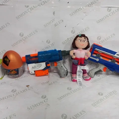 BOX OF APPROX 40 ASSORTED TOYS TO INCLUDE - NERF RETALIATOR - JURASSIC WORLD DINO SUPRISE - CARD EARLY EDUCATION DEVICE ECT