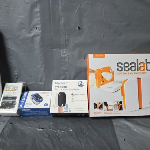 APPROXIMATELY 15 ASSORTED ITEMS TO INCLUDE - SEALABAG , CRYSTAL COATING , GLYCENX PRECISION MONITORING DEVICE ETC