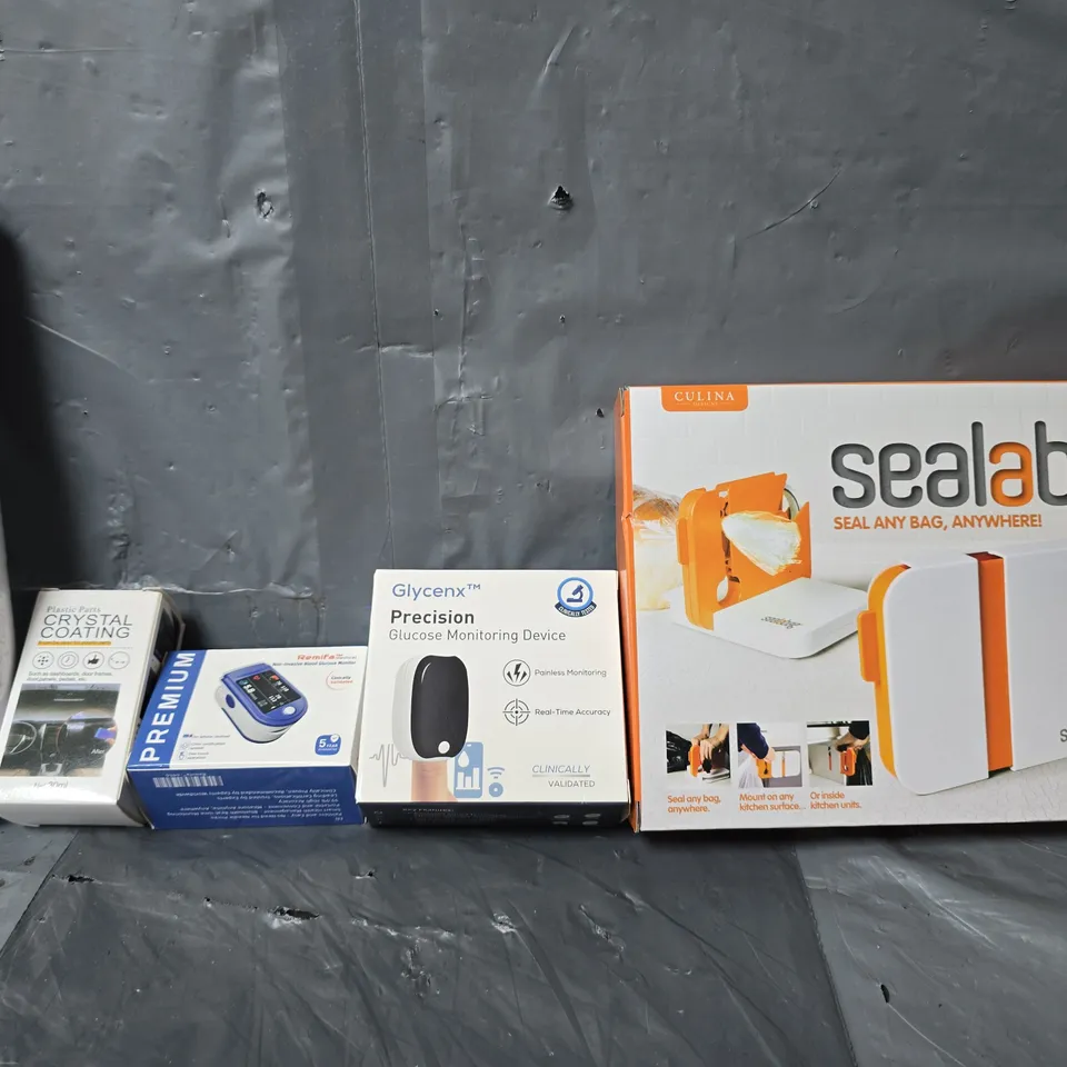 APPROXIMATELY 15 ASSORTED ITEMS TO INCLUDE - SEALABAG , CRYSTAL COATING , GLYCENX PRECISION MONITORING DEVICE ETC