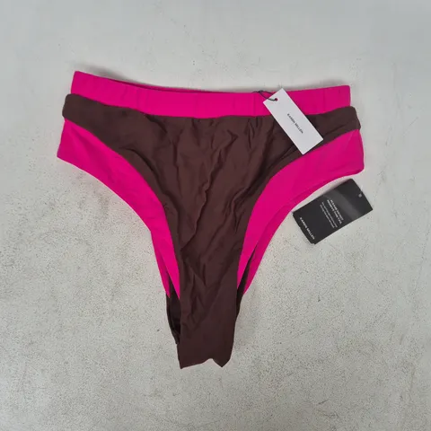 KAREN MILLEN CONTRAST TRIM HIGH CUT BIKINI BOTTOM IN CHOCOLATE/PINK SIZE MEDIUM