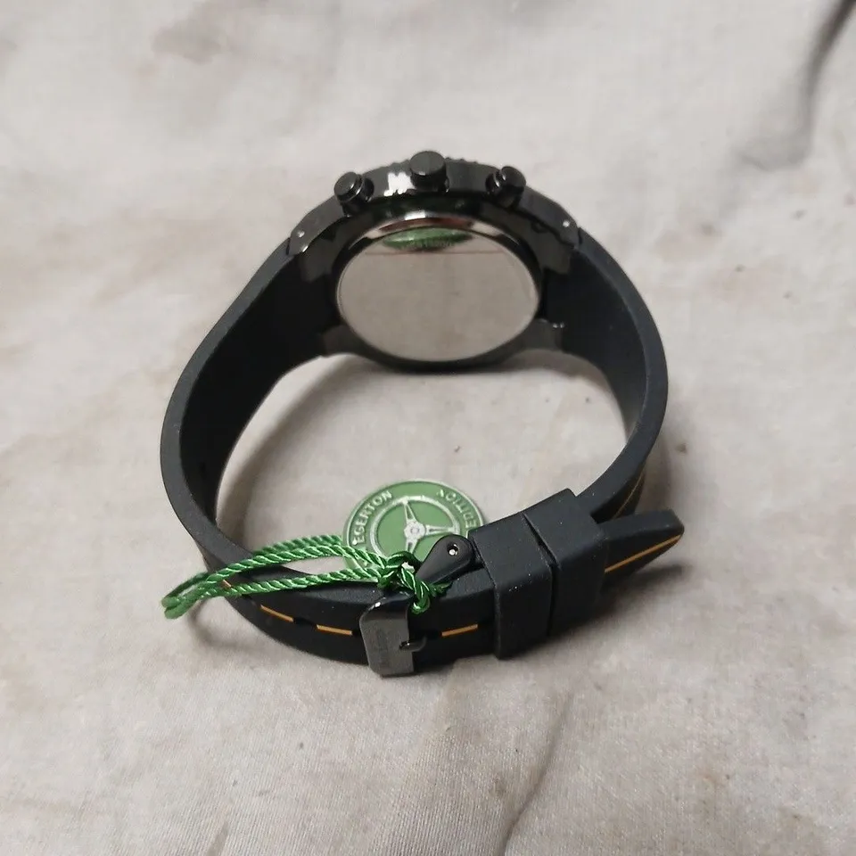 MANN EGERTON CHRONOGRAPH WRISTWATCH - BLACK RUBBER STRAP, BOXED IN GREEN PRESENTATION BOX