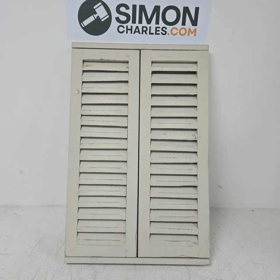 PAIR OF WHITE WOODEN LOUVERED WINDOW SHUTTERS