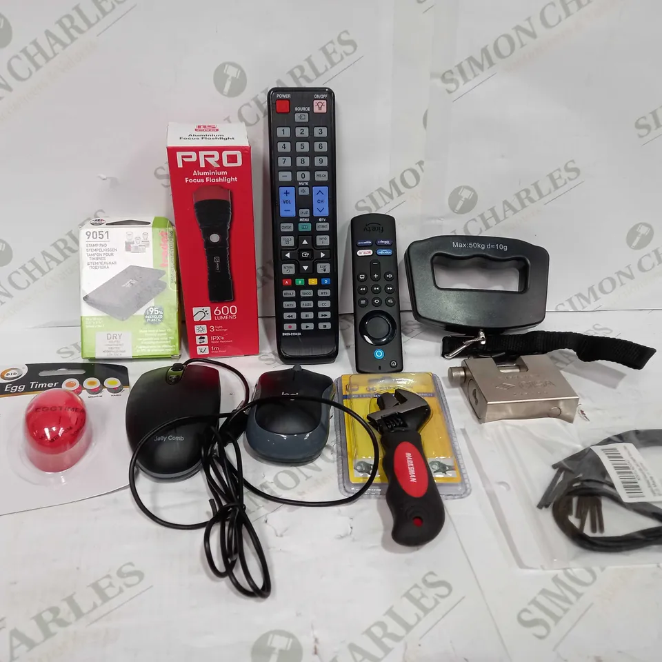 BOX TO CONTAIN APPROX 20 X ASSORTED HOUSEHOLD PRODUCTS, INCLUDES TV REMOTES, COMPUTER MOUSES, EGG TIMER ETC 