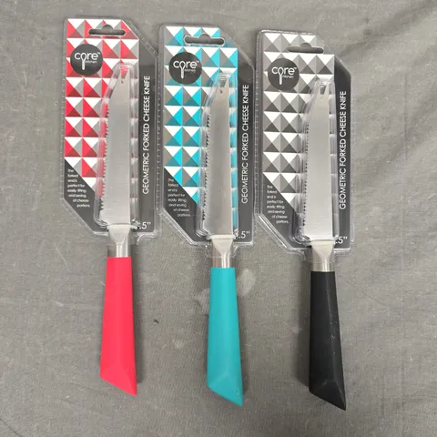 SET OF CORE KITCHEN PINK/BLUE/BLACK GEOMETRIC FORKED 4.5" CHEESE KNIVES