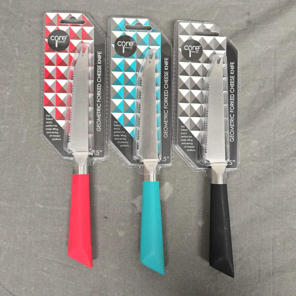 SET OF CORE KITCHEN PINK/BLUE/BLACK GEOMETRIC FORKED 4.5" CHEESE KNIVES