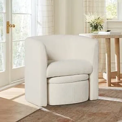 BOXED COLAMY UPHOLSTERED SHERPA BARREL ACCENT CHAIR WITH STORAGE OTTOMAN - CREAM (1 BOX)