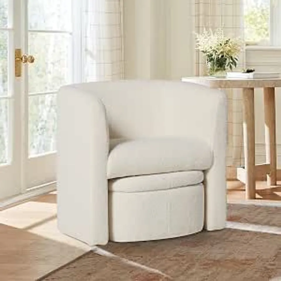 BOXED COLAMY UPHOLSTERED SHERPA BARREL ACCENT CHAIR WITH STORAGE OTTOMAN - CREAM (1 BOX)