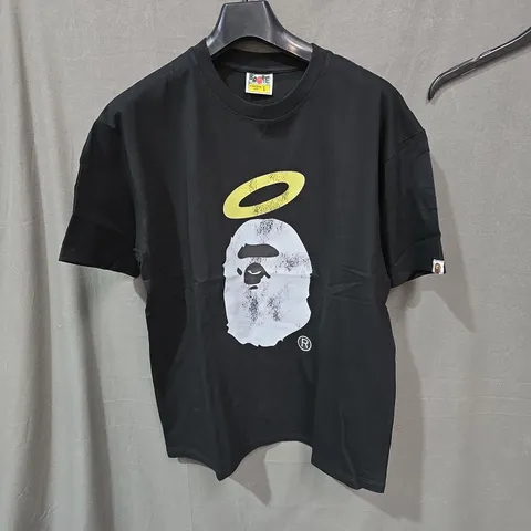 BAPE BLACK T-SHIRT WITH WHITE APE PRINT – SIZE UK L (L)