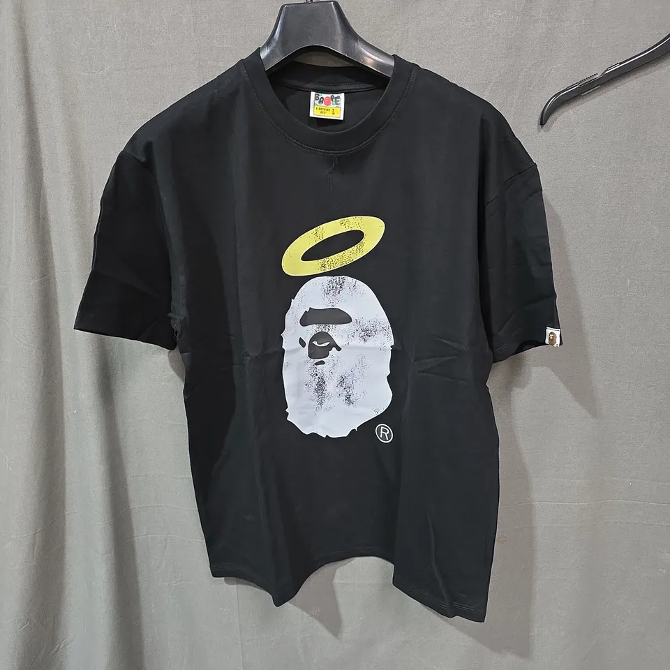 BAPE BLACK T-SHIRT WITH WHITE APE PRINT – SIZE UK L (L)
