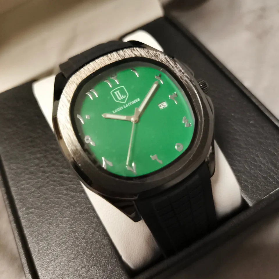 MENS LOUIS LACOMBE WATCH – GREEN DIAL WITH DATE – RUBBER STRAP 