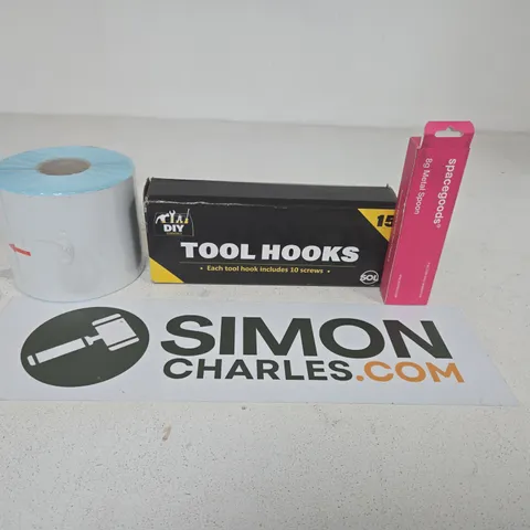 APPROXIMATELY 15 ASSORTED HOUSEHOLD PRODUCTS TO INCLUDE THERMAL PRINTER LABELS, TOOL HOOKS AND SPACEGOODS METAL SPOON