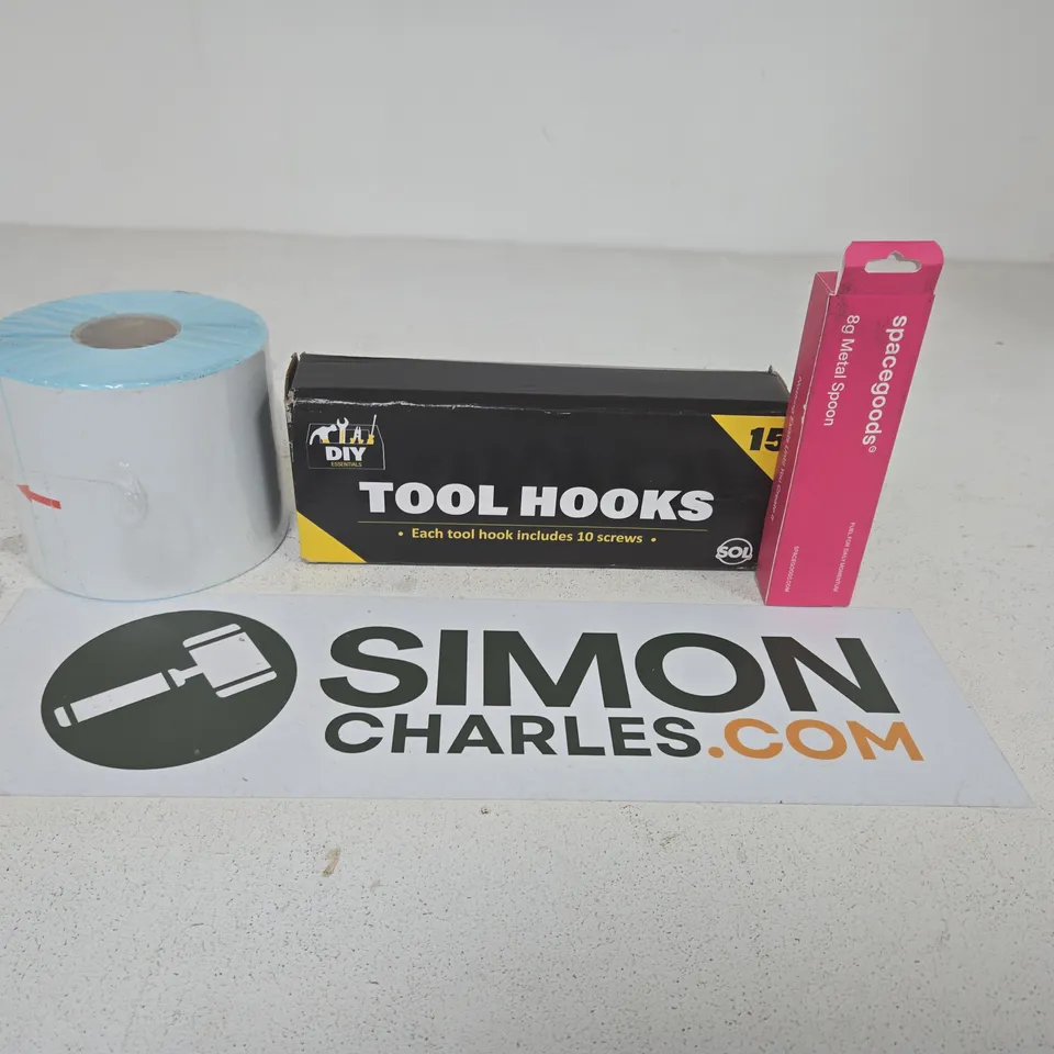 APPROXIMATELY 15 ASSORTED HOUSEHOLD PRODUCTS TO INCLUDE THERMAL PRINTER LABELS, TOOL HOOKS AND SPACEGOODS METAL SPOON