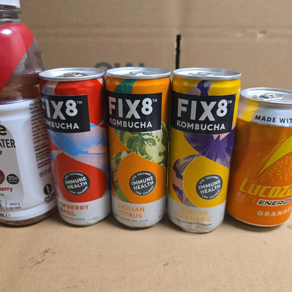 APPROXIMATELY 10 ASSORTED DRINK ITEMS TO INCLUDE LUCOZADE , FIX8 AND PROTEIN WATER