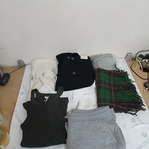 BOX OF ASSORTED CLOTHING ITEMS TO INCLUDE SCARFS, TROUSERS, VESTS ETC