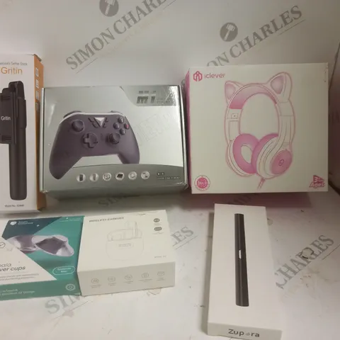 BOX OF APPROXIMATELY 5 ASSORTED ITEMS TO INCLUDE SELFIE STICK, EAR CLEANER, CAT EAR HEADSET ETC